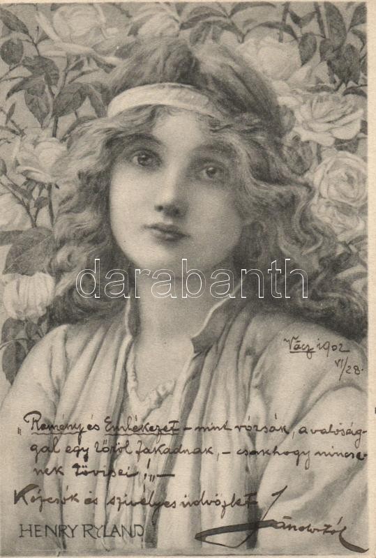 Lány virágokkal, s: Henry Ryland, Floral art postcard s: Henry Ryland