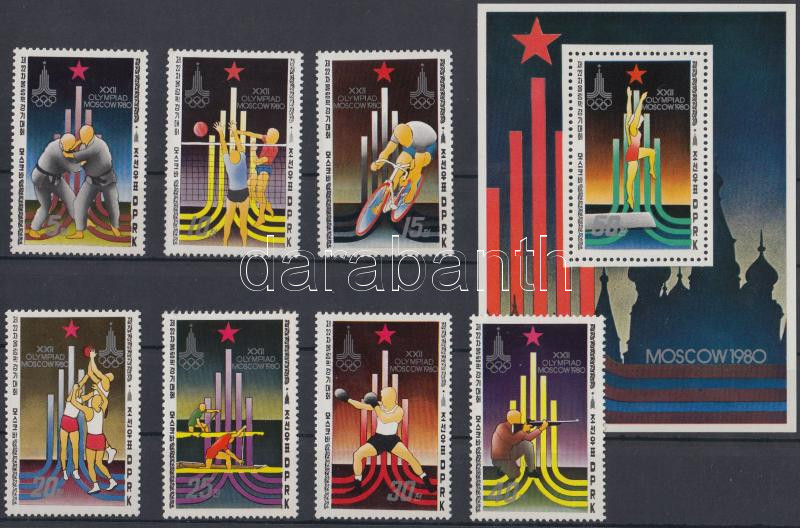 Summer Olympics, Moscow set + perforated and imperforated minisheet + block, Nyári olimpia, Moszkva sor + fogazott és vágott kisív + blokk