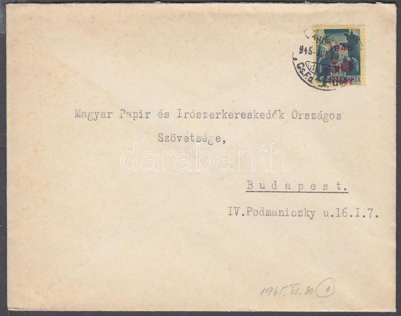 Inflation cover, (1. díjszabás) Helyi levél Kisegítő (Hadvezérek) 50f/50f bérmentesítéssel