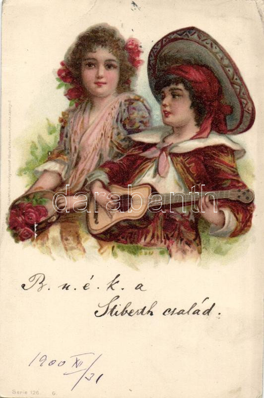 1900 Girls with rose and guitar, Serie 126. litho, 1900 hölgyek gitárral és rózsával, Serie 126. litho