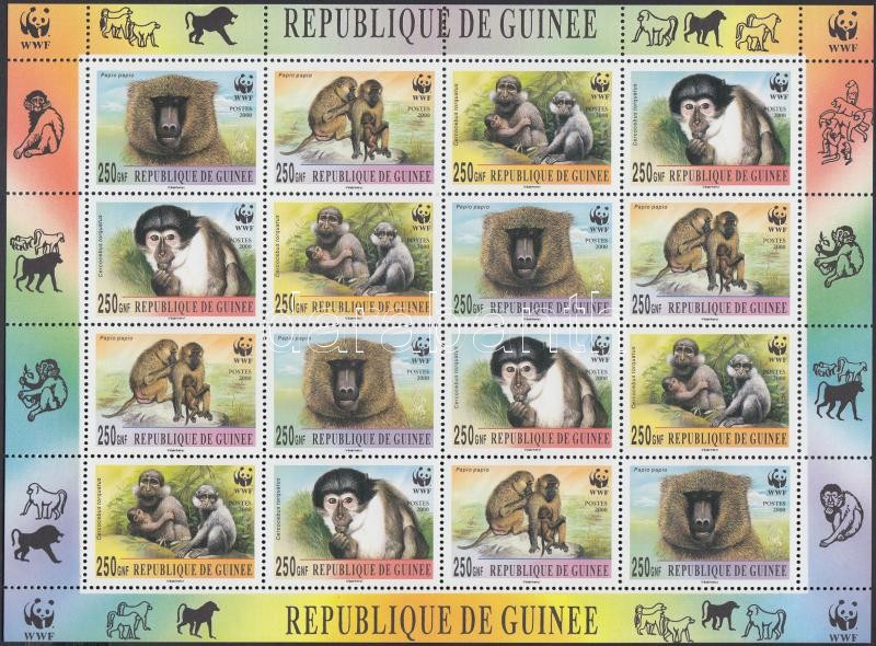 Guinea WWF Majmok 4 sort tartalmazó ívben, Guinea WWF Monkies sheet with 4 sets
