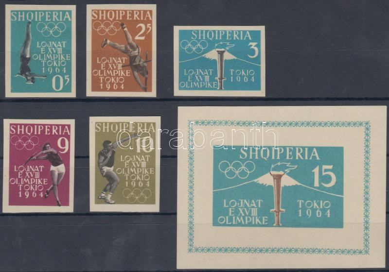 Tokyo Summer Olympics imperforated set + imperforated block, Tokiói nyári olimpia vágott sor + vágott blokk