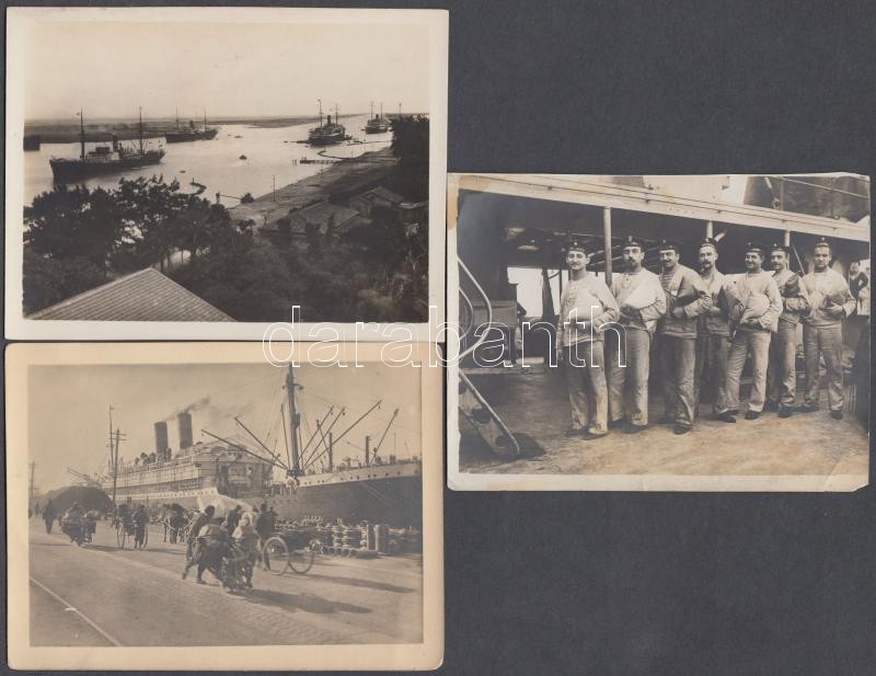 cca 1910-1920 Egy tengeri matróz fotóalbumából, 3 db fotó, némelyik sarka foltos, töredezett, 8x11 cm