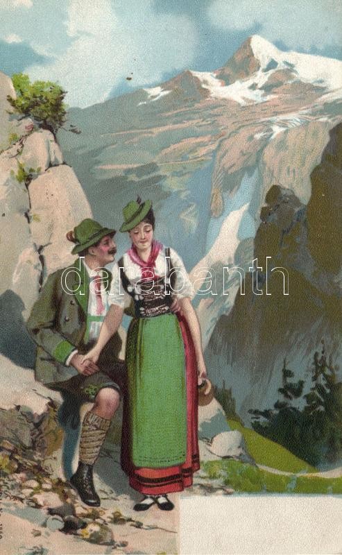 Bavarian couple, folklore, litho, Bajor pár, litho