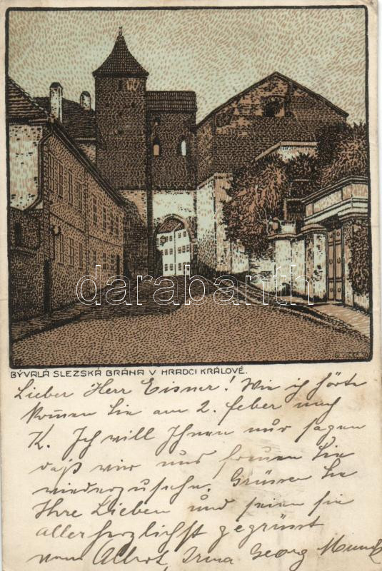 Hradec Kralove, byvala Slezska brana / Silesian gate litho s: Vlcek