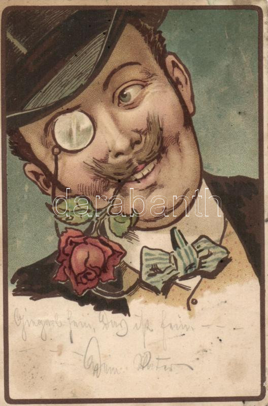 Man with silk hat and glasses, rose, litho, Férfi kalapban, rózsa, litho