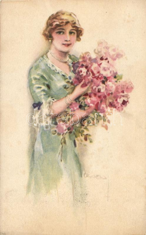 Lady with flowers, artist signed