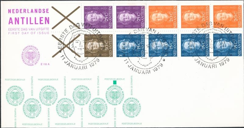 Queen Julianna I. stamp-booklet sheet on FDC (Mi 17 D-E - 18 D-E, 21 D, 23 D), I. Julianna királynő bélyegfüzetlap FDC (Mi 17 D-E - 18 D-E, 21 D, 23 D)