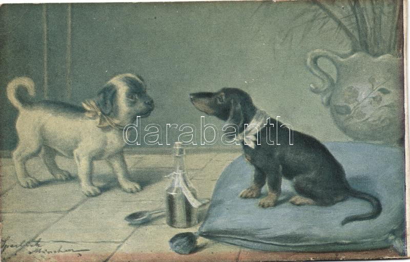 Dogs, Dachshund, artist signed, Kutyák, tacskó, művész aláírásával