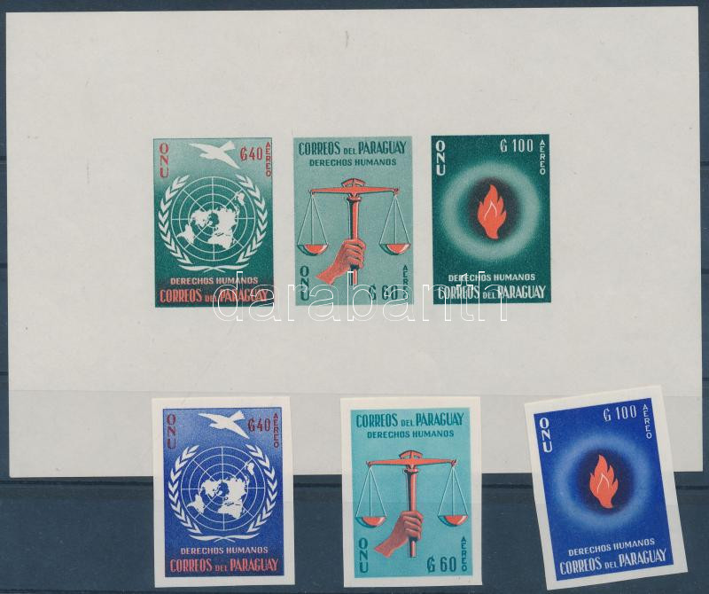 Human Rights imperforated (airmail) stamps set + imperforated block, Emberi jogok vágott (légi) bélyegek sor + vágott blokk