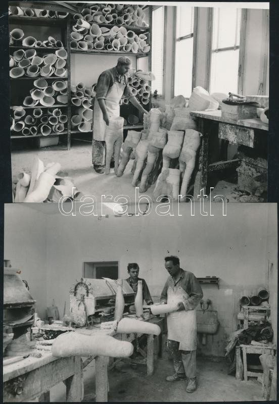 cca 1970 Ismeretlen szerző: Lábgyár I-II., a Gyógyászati segédeszközök gyárában művégtagokat készítenek, 2 db fotó, 9x12 cm