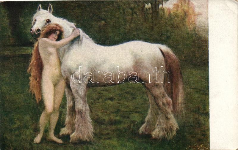 Meztelen nő lóval, s: J. Styka, 'Gute Freunde' / 'Good friend' Naked woman with horse, erotic s: J. Styka