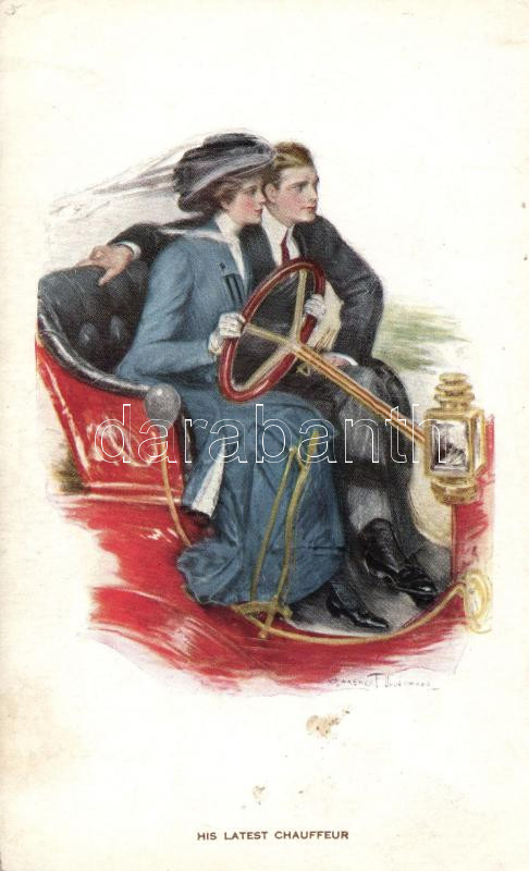 'His latest chauffeur' couple in automobile, Taylor Platt & Co. Series 782. s: Clarence F. Underwood, Fiatal pár automobilban, Taylor Platt & Co. Series 782. s: Clarence F. Underwood