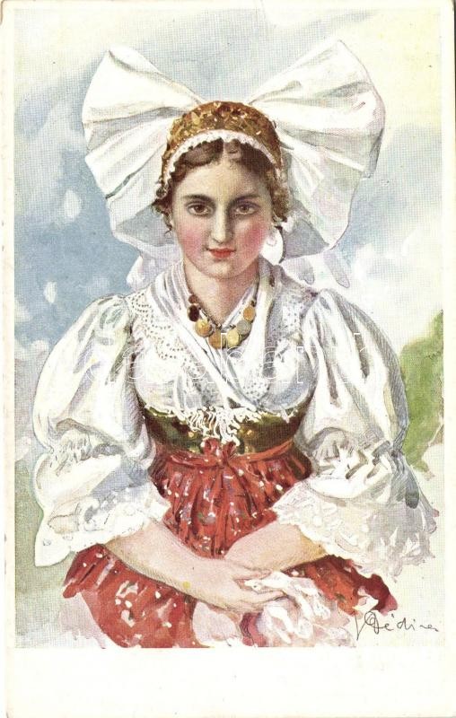 Czech folklore, Hotel Koruna advertisement on the backside, artist signed, Cseh folklór, hotel hirdetéssel a hátoldalán, s.