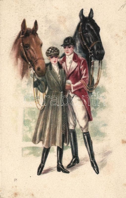 'Amag' Italian art postcard, couple with horses, Olasz művészeti képeslap, lovas pár