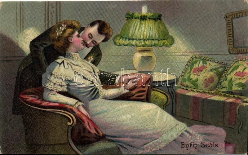 'Végre egyedül' csókolózó pár, romantikus képeslap, 'Enfin Seuls' / 'Finally alone' Kissing couple, romantic postcard