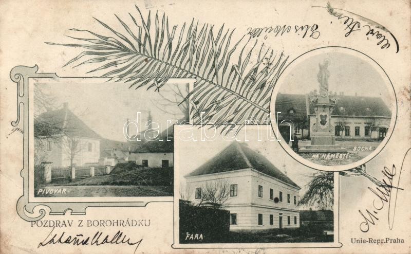 Borohrádek, Pivovar, Fara, Socha na namesti / brewery, parsonage, statue on main square; floral