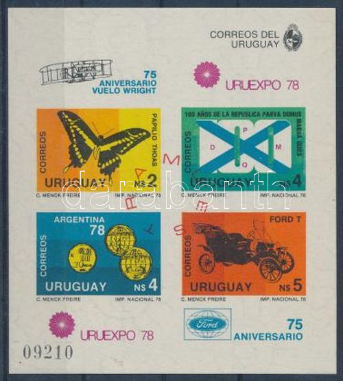 URUEXPO International Stamp Exhibition imperforated block with "MUESTRA" oveprint, URUEXPO nemzeti bélyegkiállítás vágott blokk "MUESTRA" felülnyomással