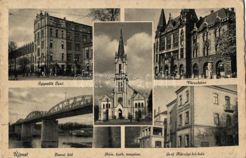 Budapest IV. Újpest, Egyesült Izzó, Városháza, Dunai híd, Gróf Károlyi kórház (ázott / wet damage)