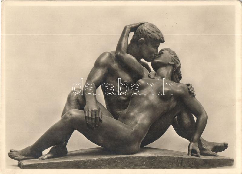 Erotic art postcard, Liebende, München, Haus der Deutschen Kunst, Anton Grauel, Meztelen pár szobor, erotikus képeslap