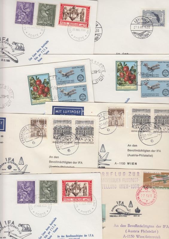Europa Sternflug 8 légiposta boríték az érintett országok/ városok bélyegeivel és bélyegzőivel, Europa Sternflug 8 airmail cover with stamps of relevant countries / cities