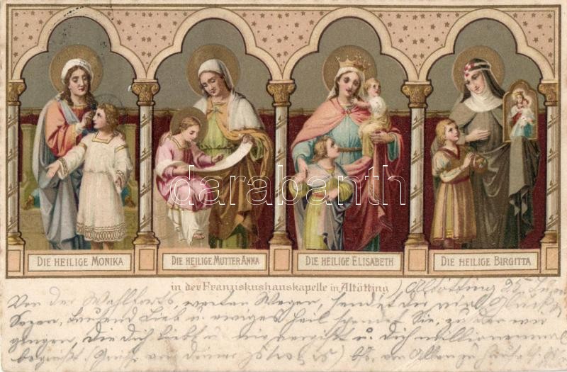 Altötting, Franziskushauskapelle / chapel, frescoes of saints; Holy Monica, Mother Anna, Elisabeth and Brigitta, interior, art decoration litho