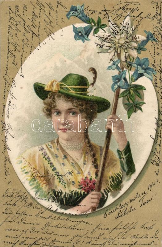 Hiking lady with flowers, mountain, Emb. litho, Hegymászó hölgy, Emb. litho