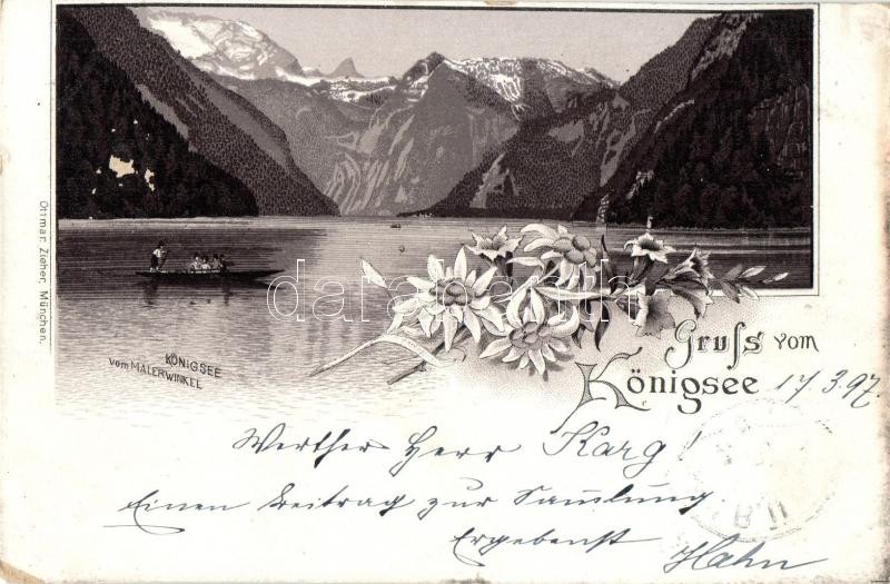 1897 Königsee, Malerwinkel / lake, boat, floral litho (cut)