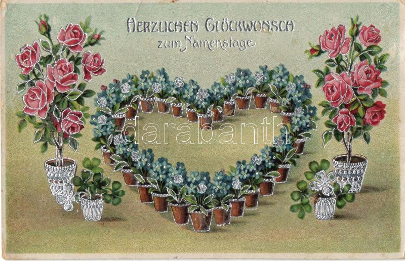 Name day, rose, flower heart, litho, Névnapi üdvözlőlap, virágszív, rózsa, litho