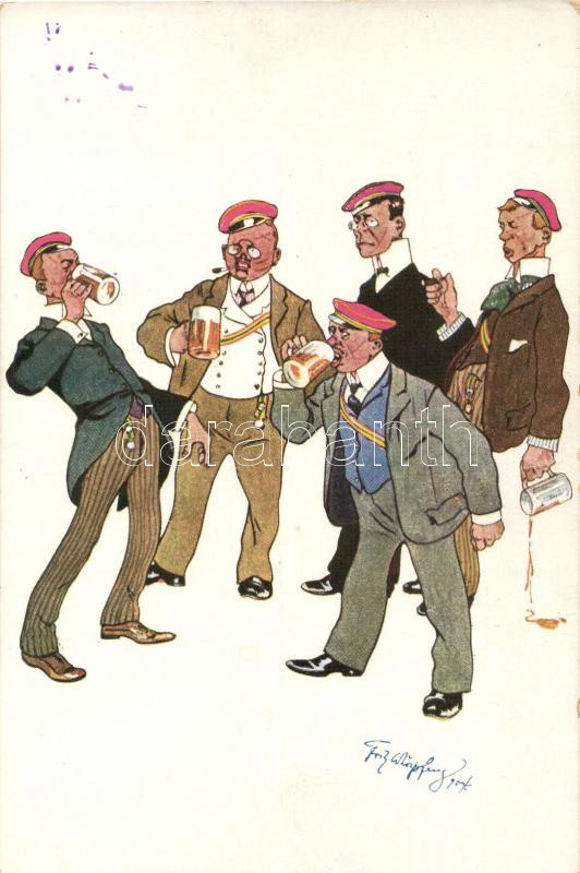 Drunk military officers, beer, B.K.W.I. 842-5 s: Schönpflug, Részeg katonák, sör, B.K.W.I. 842-5 s: Schönpflug