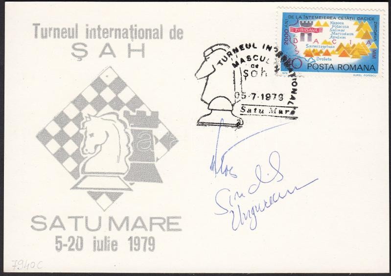 1978 A Szatmárnémeti nemzetközi sakk verseny résztvevő versenyzőinek aláírása alkalmi levlapon, Satu Mare international chess contest participants signature on CM