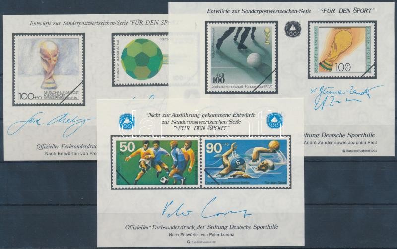 3 db Sport emlékív megvalósulatlan bélyegtervek képével, 3 Sport memorial sheets with unrealized stamp designs pictures