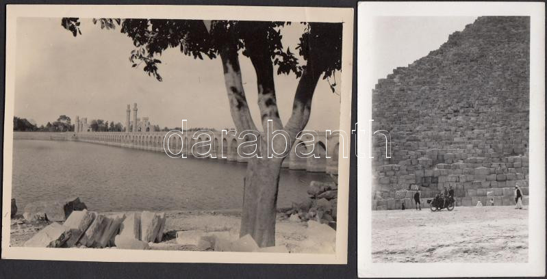 cca 1932 Photo of the world-wanderer Hungarian Bartha-Sulkowszky couple in Egypt, 6x10cm, 9x12 cm, cca 1932 A világutazó Bartha-Sulkowszky páros Egyiptomban a piramisoknál és Kairóban 2 db feliratozott fotó.