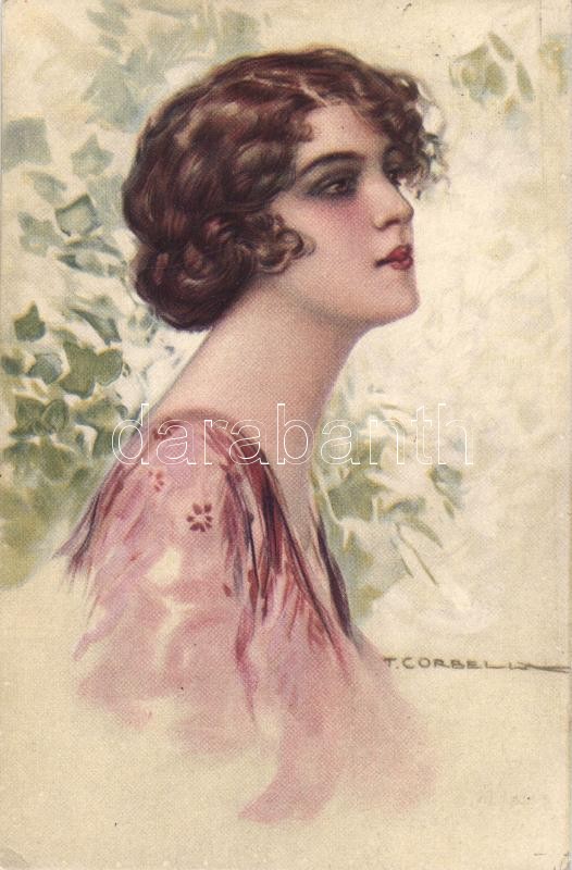 Hölgy, olasz művészeti képeslap s: T. Corbella, Italian art postcard, lady s: T. Corbella