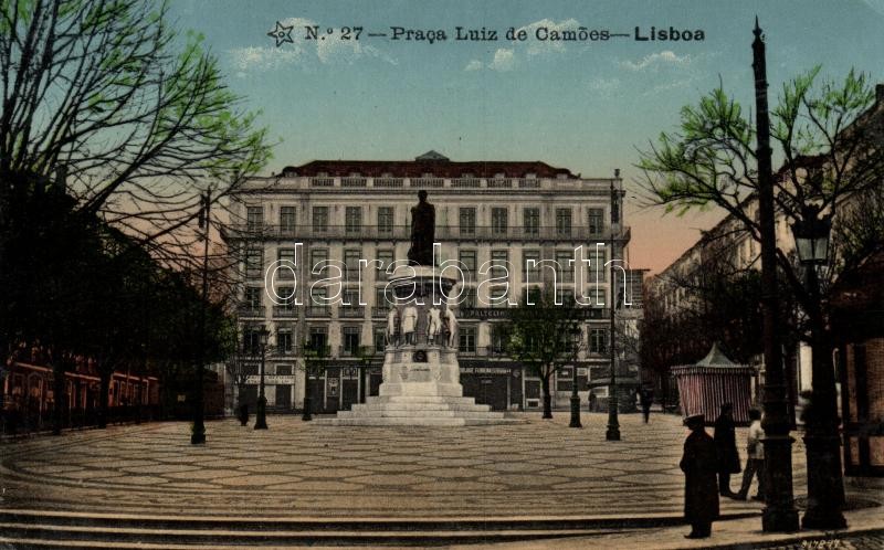 Lisbon, Lisboa; Praca Luiz de Camoes / square, statue (wet corner)