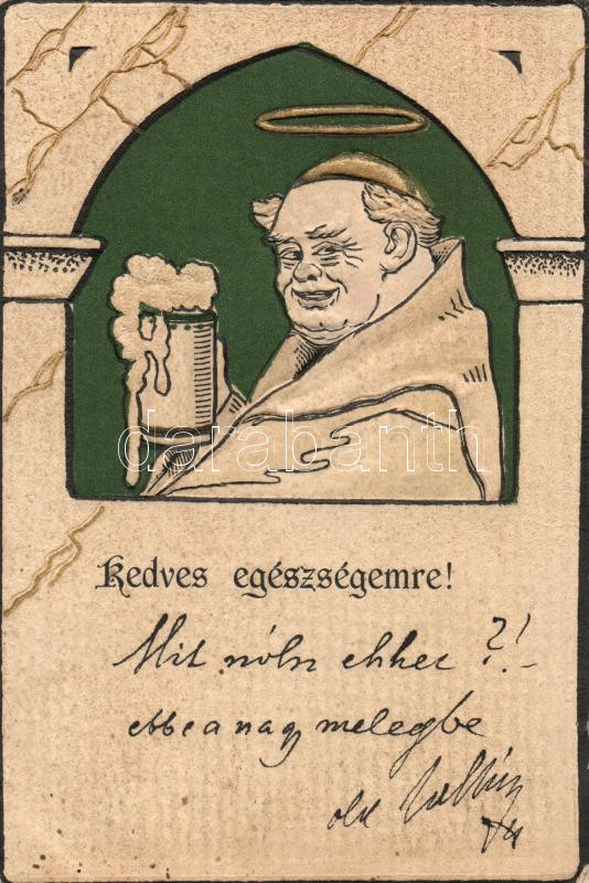 Monk with beer, golden decoration Emb. litho, Szerzetes sörrel, arany díszítéssel, dombornyomott, litho