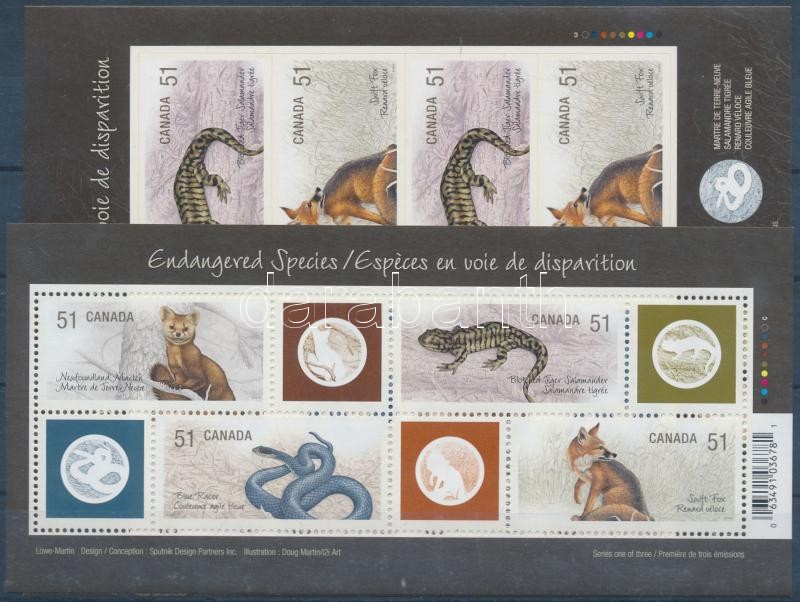 Endangered species stamp foil with self-adhesive imperforated stamps + block, Veszélyeztetett állatfajok bélyegfólia öntapadós vágott bélyegekkel + blokk