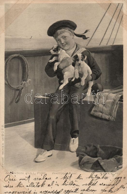 Haditengerészeti fiú kutyákkal a hajó fedélzetén s: Allanson Cull, Navy boy with dogs on board s: Allanson Cull