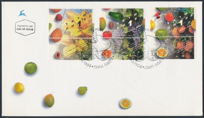 Fruits set with tab and phosphor stripe on FDC, Gyümölcsök tabos sor foszforcsíkkal FDC-n