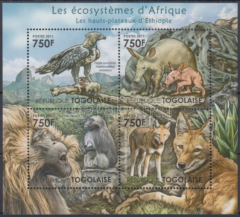 Afrikai élővilág - sas, majom, farkas, földimalac kisív, African wildlife - eagles, monkeys, wolves, ground pig minisheet