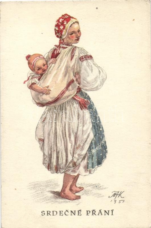 Hölgy népviseletben, cseh folklór s: M. Fischerova-Kvechova, Czech folklore, lady s: M. Fischerova-Kvechova