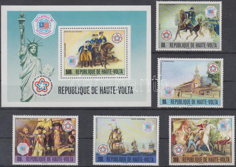 Bicentenary of USA independence, Interphil International Stamp Exhibition set + stamps in block form + block, 200 éve független az Amerikai Egyesült Államok, Interphil nemzetközi bélyegkiállítás sor + bélyegek blokk formában + blokk