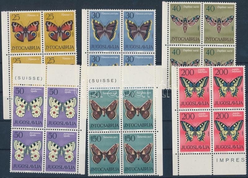 Butterflies margin and corner blocks of 4 (set), Lepkék ívszéli és ívsarki négyestömbök (sor)