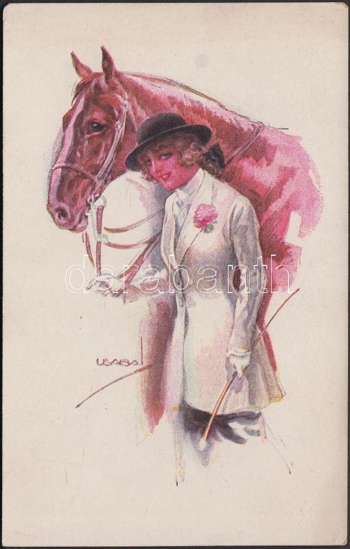 Hölgy lóval, olasz művészeti képeslap 'Erkal No. 320/1' s: Usabal, Italian art postcard, lady 'Erkal No. 320/1' s: Usabal