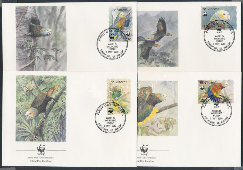 WWF Parrots set + same set on 4 FDC, WWF Papagájok sor + ugyanaz a sor 4 FDC-n