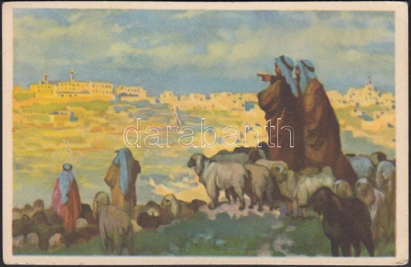 Betlehemi pásztorok / Shepherds of Betlehem; art postcard s: Hollós Endre