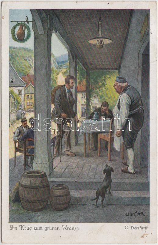 Im Krug zum grünen Kranze / at the pub, Serie 375. Nr. 5221. s: Herrfurth, A kocsmában, Serie 375. Nr. 5221. s: Herrfurth