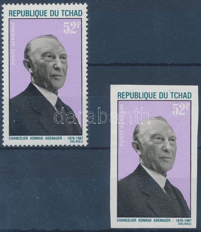 Konrad Adenauer's death anniversary perforated + imperforated stamp (small hinge), Konrad Adenauer halálának évfordulója fogazott + vágott bélyeg (apró betapadás)