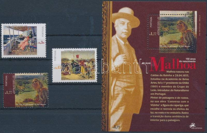 150th birth anniversary of José Malhoa painter set + block, 150 éves José Malhoa festő sor + blokk