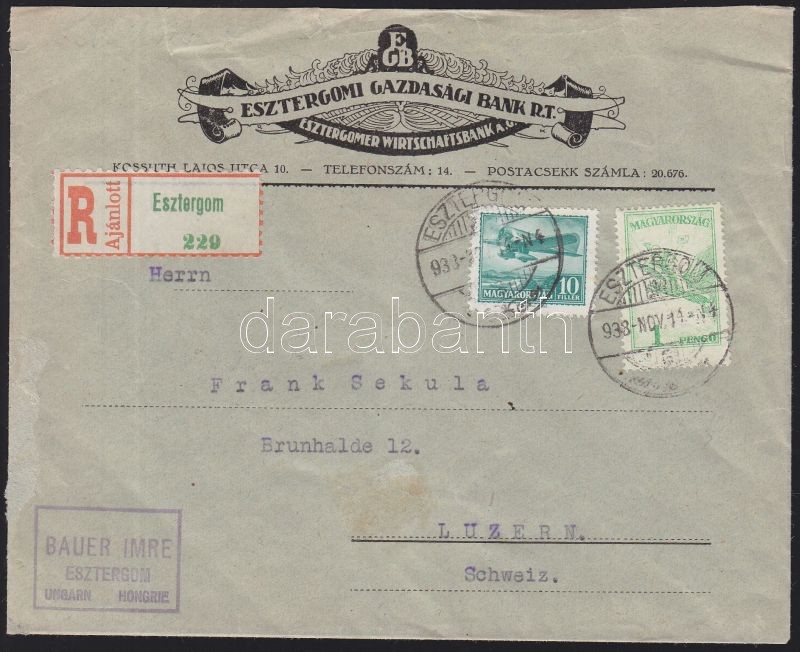 Airmail cover to Switzerland, Ajánlott levél Svájcba 1927 Repülő 1P + 1933 Repülő 10f bérmentesítéssel